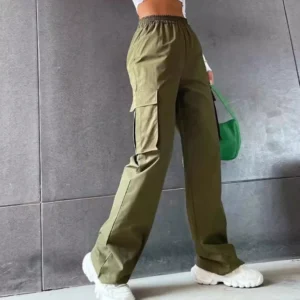 Moda feminina baggy joggers calças casuais comunte feminino chique em linha reta carga calça elástica de cintura alta elegante calças de grandes dimensões