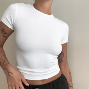 Mulher roupas de manga curta camiseta fino ajuste topos feminino o pescoço bainha de malha camiseta street wear sexo desportivo 2024 y2k new2410