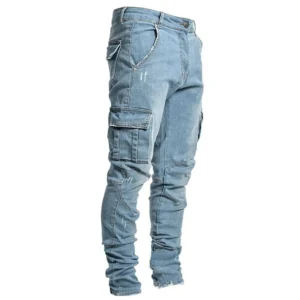 Moda streetwear rasgado jeans magros homens lado mulit bolsos denim calças de carga fino ajuste pantalones hombre macio elástico corredores