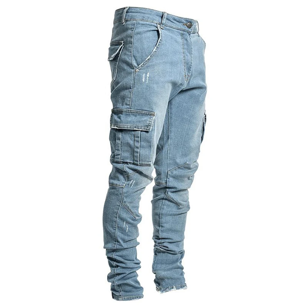 Moda streetwear rasgado jeans magros homens lado mulit bolsos denim calças de carga fino ajuste pantalones hombre macio elástico corredores