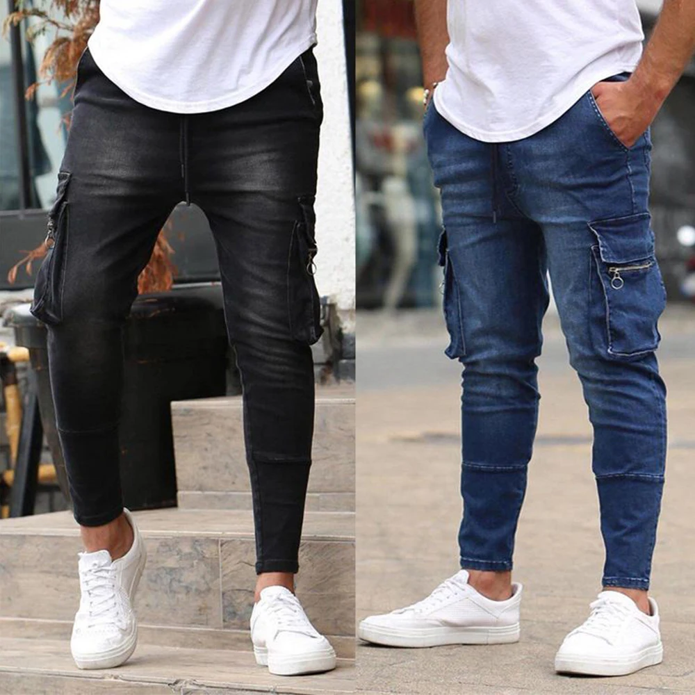 Moda streetwear rasgado jeans magros homens lado mulit bolsos denim calças de carga fino ajuste pantalones hombre macio elástico corredores - Imagem 3