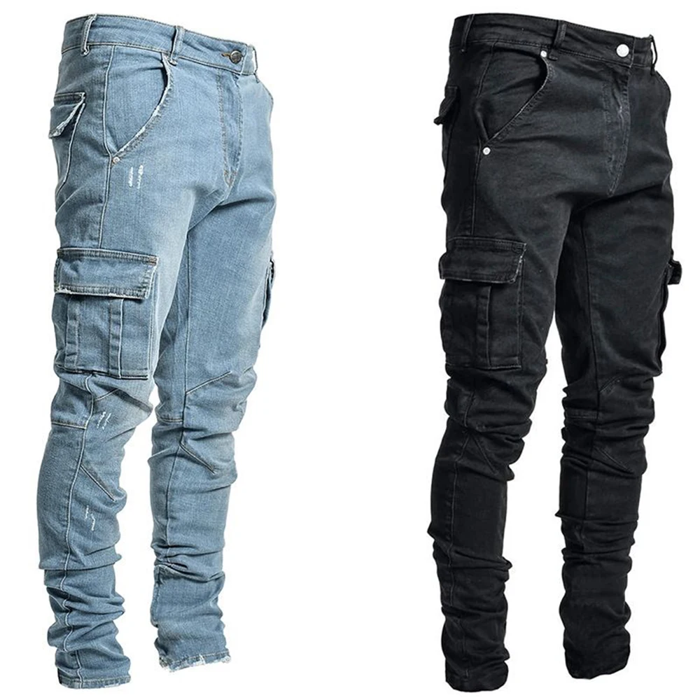 Moda streetwear rasgado jeans magros homens lado mulit bolsos denim calças de carga fino ajuste pantalones hombre macio elástico corredores - Imagem 5
