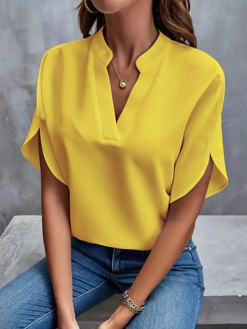 Elegante blusa sólida de chiffon feminina, manga comprida, gola V, camisa solta, túnicas de senhora do escritório, tops grandes, casual, primavera, verão, 2024