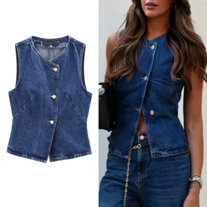 Traf 2024 colete curto feminino outono moda azul denim colete topo senhora casual recortado sem mangas jaqueta streetwear novos coletes