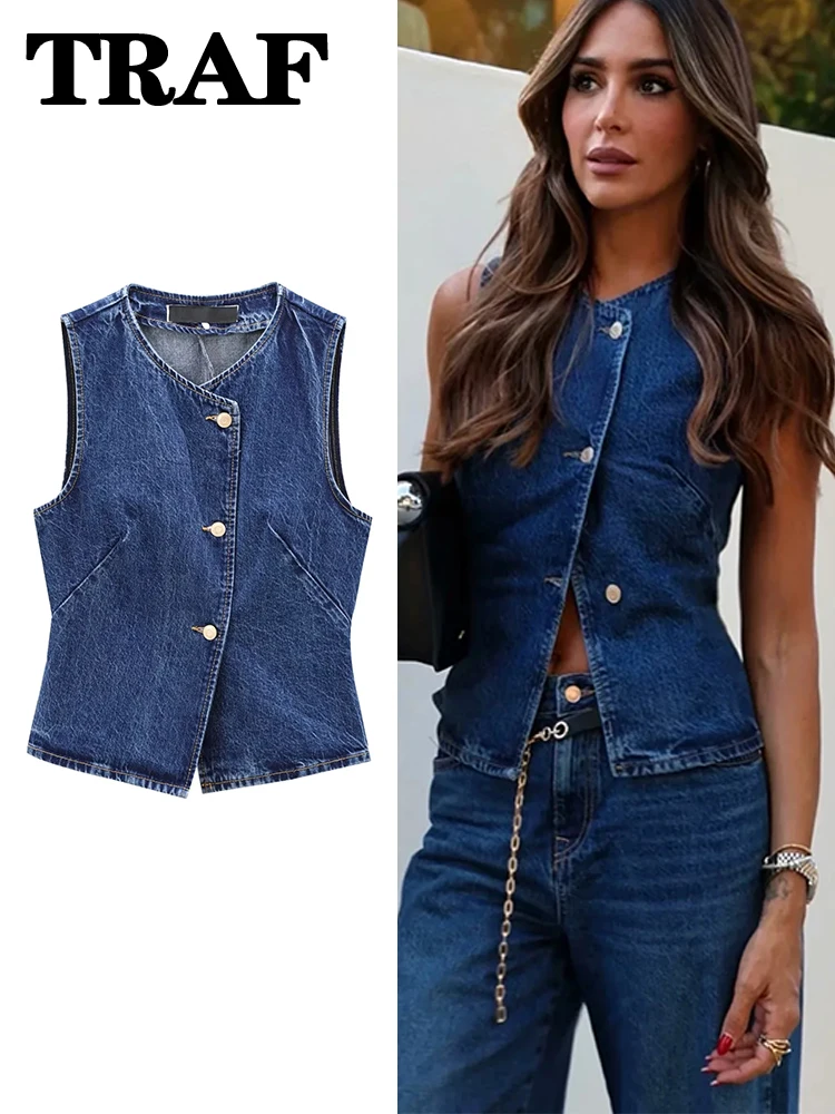 Traf 2024 colete curto feminino outono moda azul denim colete topo senhora casual recortado sem mangas jaqueta streetwear novos coletes
