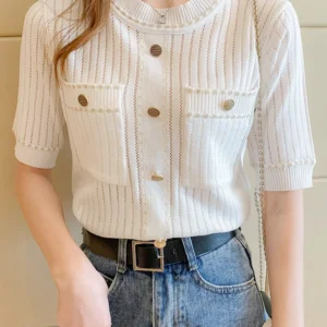 Camiseta branca feminina verão 2024 manga curta topo senhoras bolsos básicos t camisas de malha roupas casuais camiseta femme