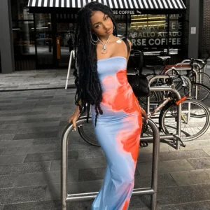 Sexy sem alças impressão tubo maxi vestido feminino fora do ombro sem costas estiramento longo vestido de verão praia y2k roupas